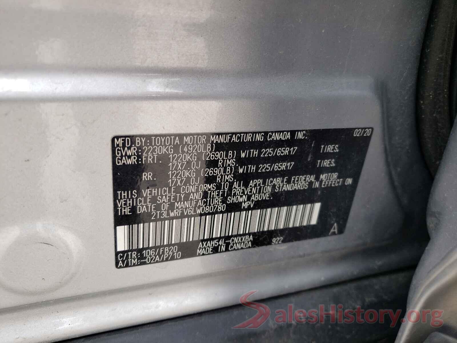 2T3LWRFV6LW080780 2020 TOYOTA RAV4