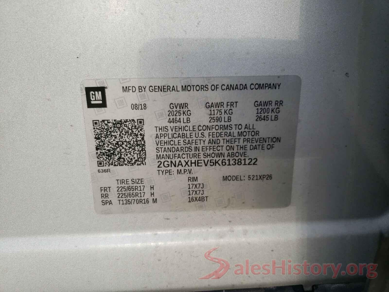 2GNAXHEV5K6138122 2019 CHEVROLET EQUINOX