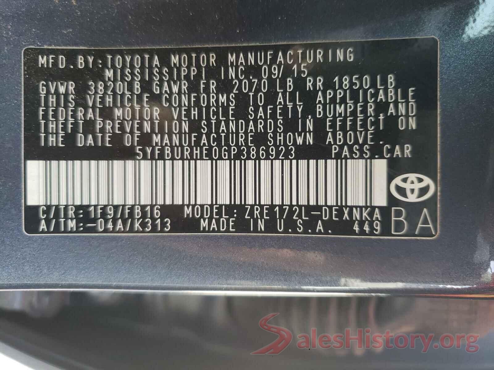 5YFBURHE0GP386923 2016 TOYOTA COROLLA