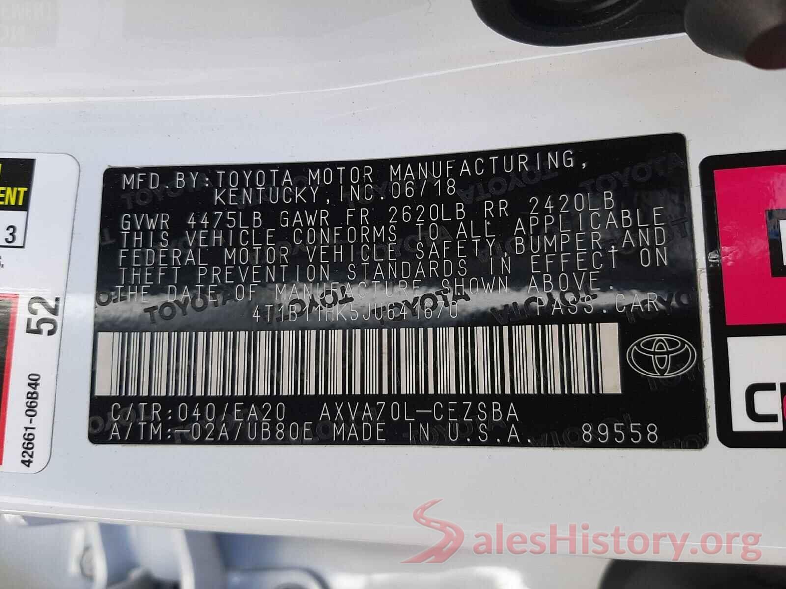 4T1B11HK5JU641670 2018 TOYOTA CAMRY