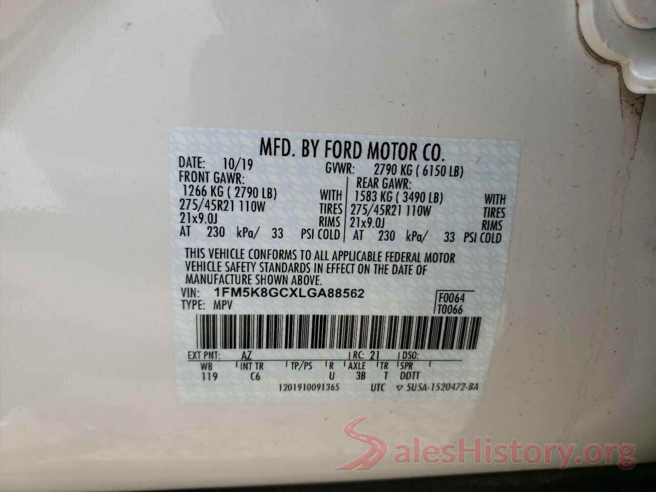 1FM5K8GCXLGA88562 2020 FORD EXPLORER