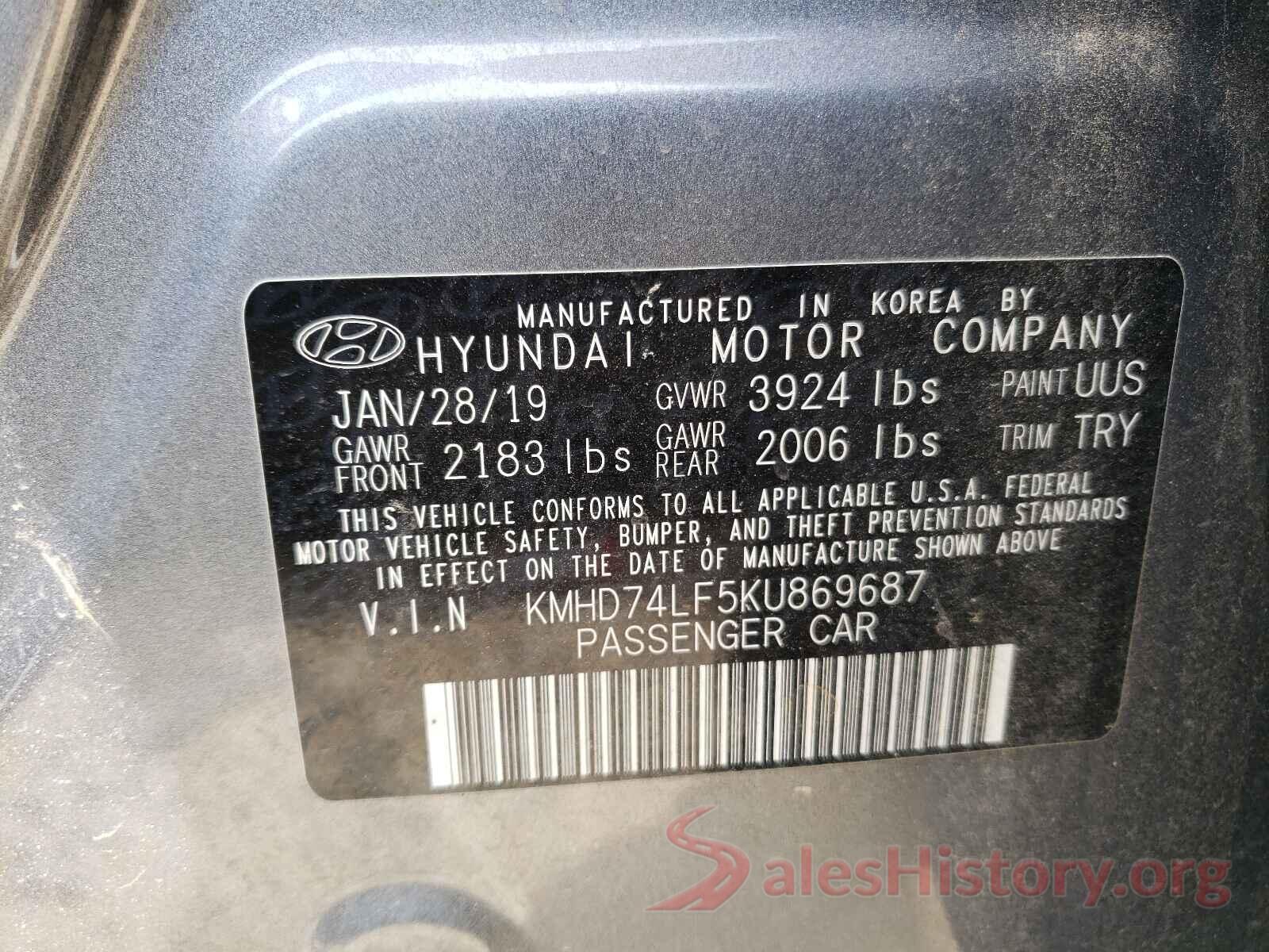 KMHD74LF5KU869687 2019 HYUNDAI ELANTRA