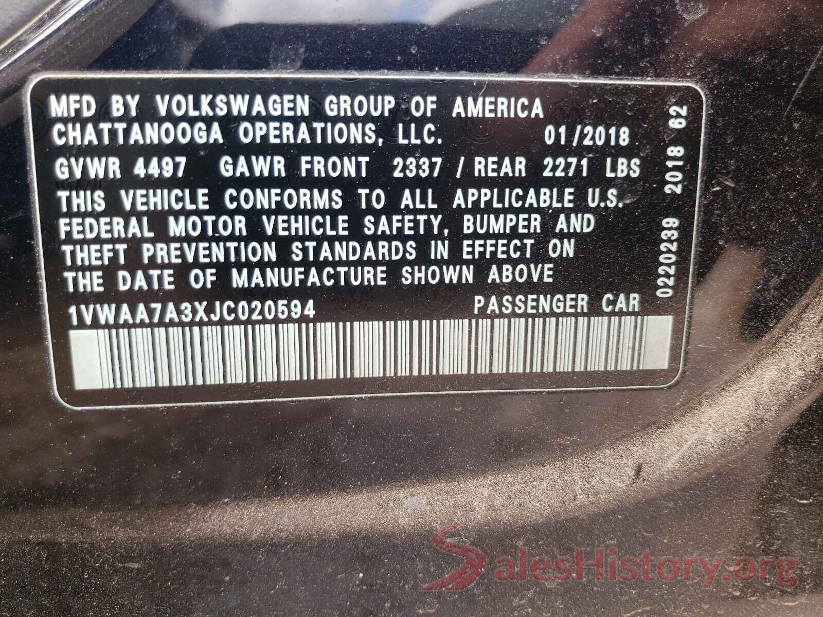 1VWAA7A3XJC020594 2018 VOLKSWAGEN PASSAT