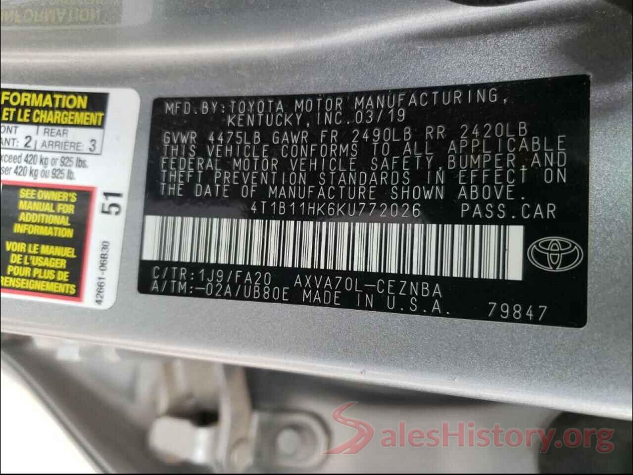 4T1B11HK6KU772026 2019 TOYOTA CAMRY