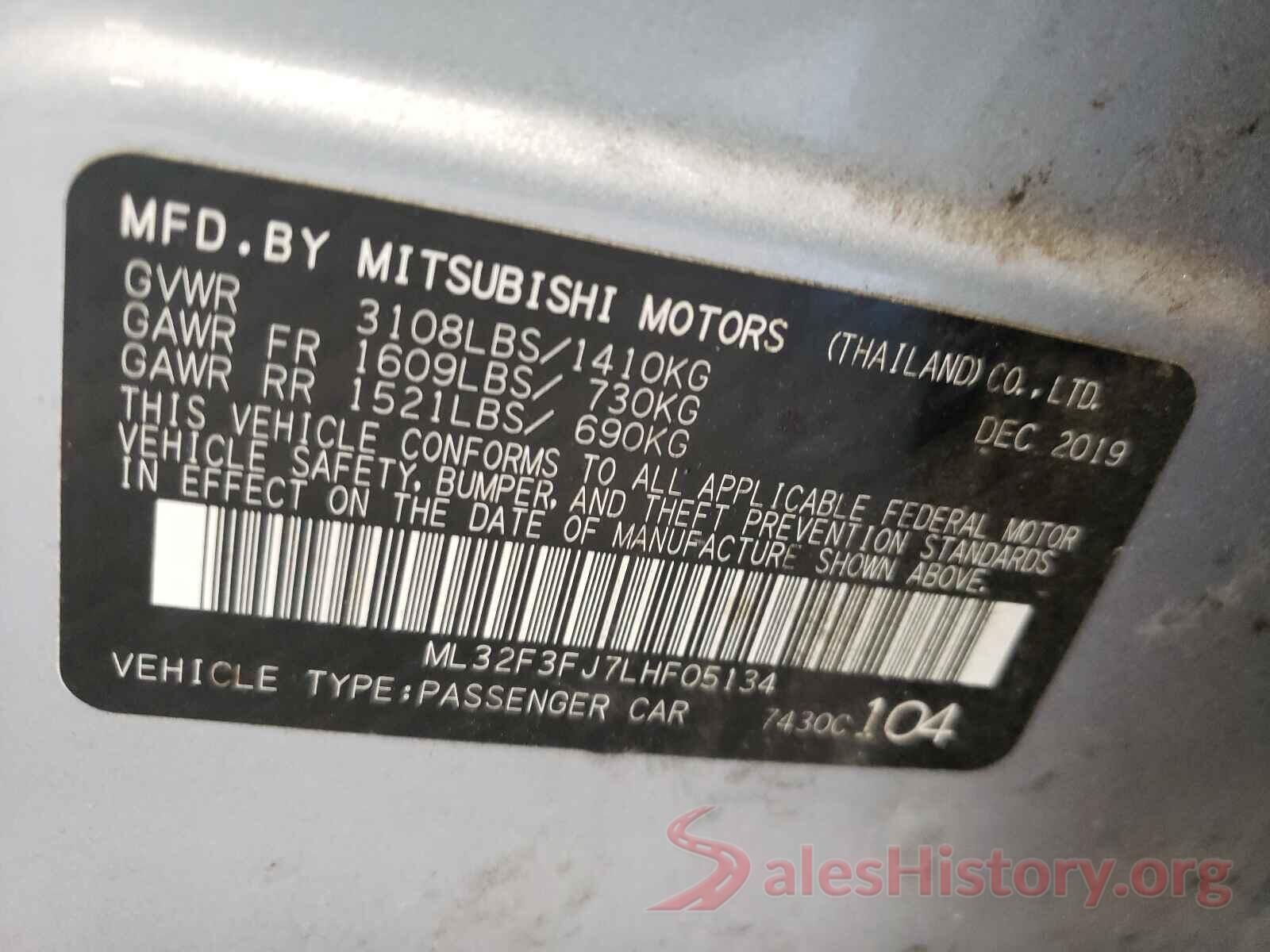 ML32F3FJ7LHF05134 2020 MITSUBISHI MIRAGE