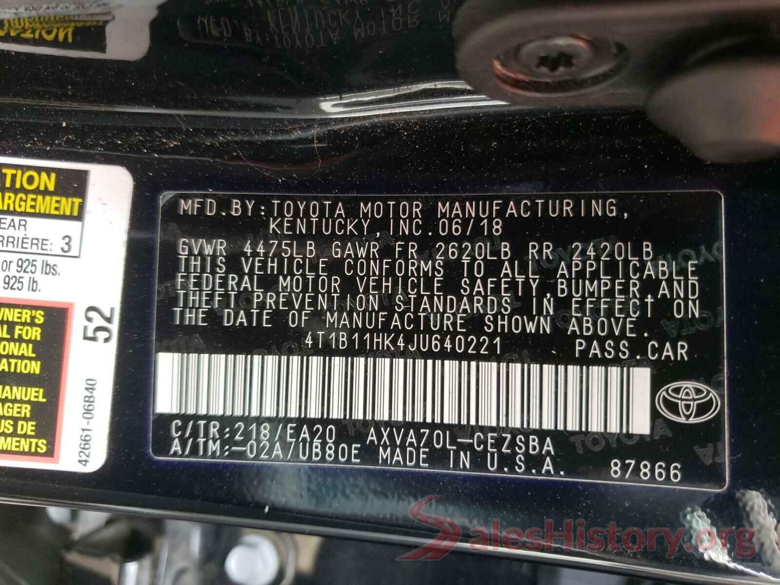 4T1B11HK4JU640221 2018 TOYOTA CAMRY