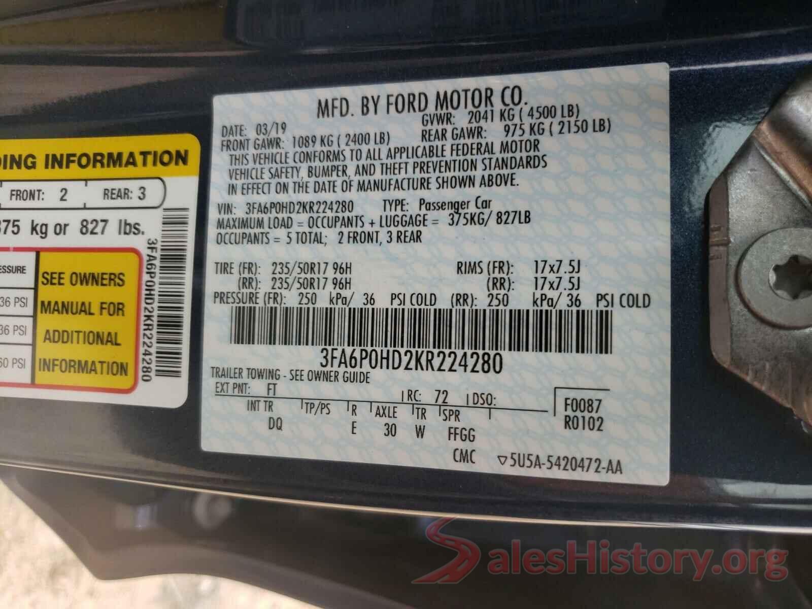 3FA6P0HD2KR224280 2019 FORD FUSION