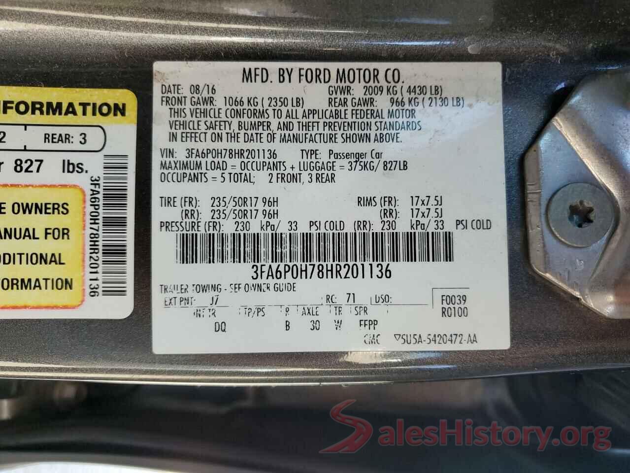 3FA6P0H78HR201136 2017 FORD FUSION