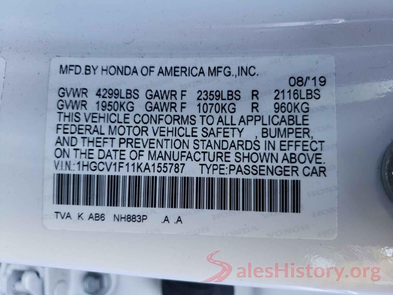 1HGCV1F11KA155787 2019 HONDA ACCORD