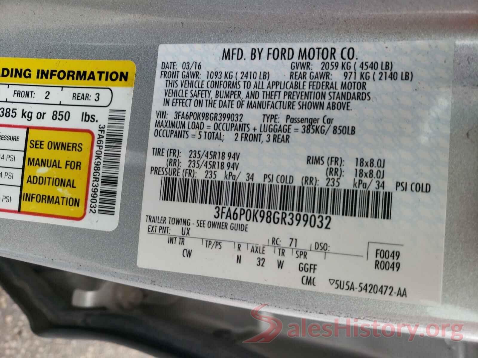 3FA6P0K98GR399032 2016 FORD FUSION