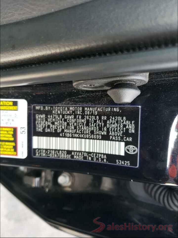 4T1B61HK4KU856699 2019 TOYOTA CAMRY