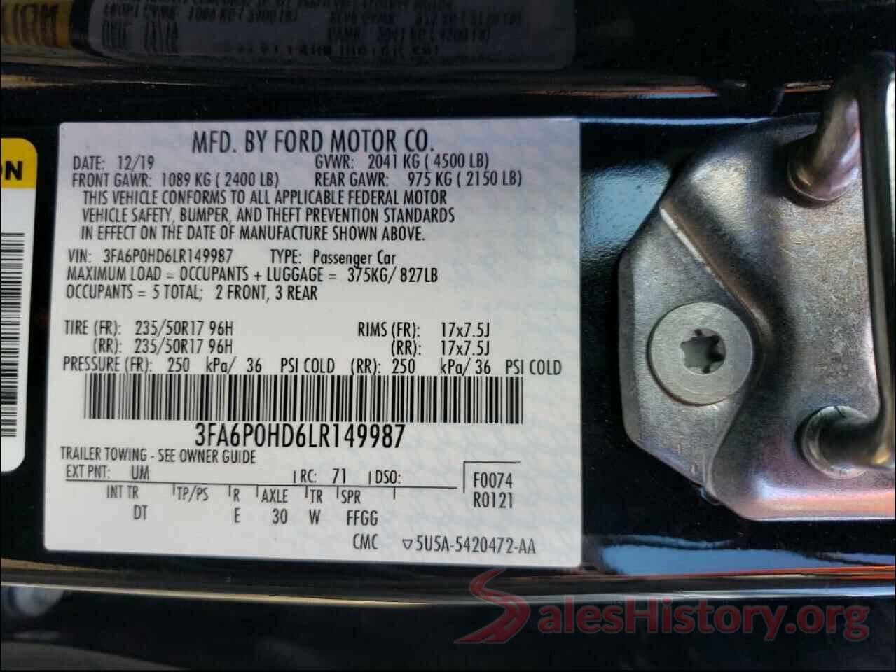 3FA6P0HD6LR149987 2020 FORD FUSION