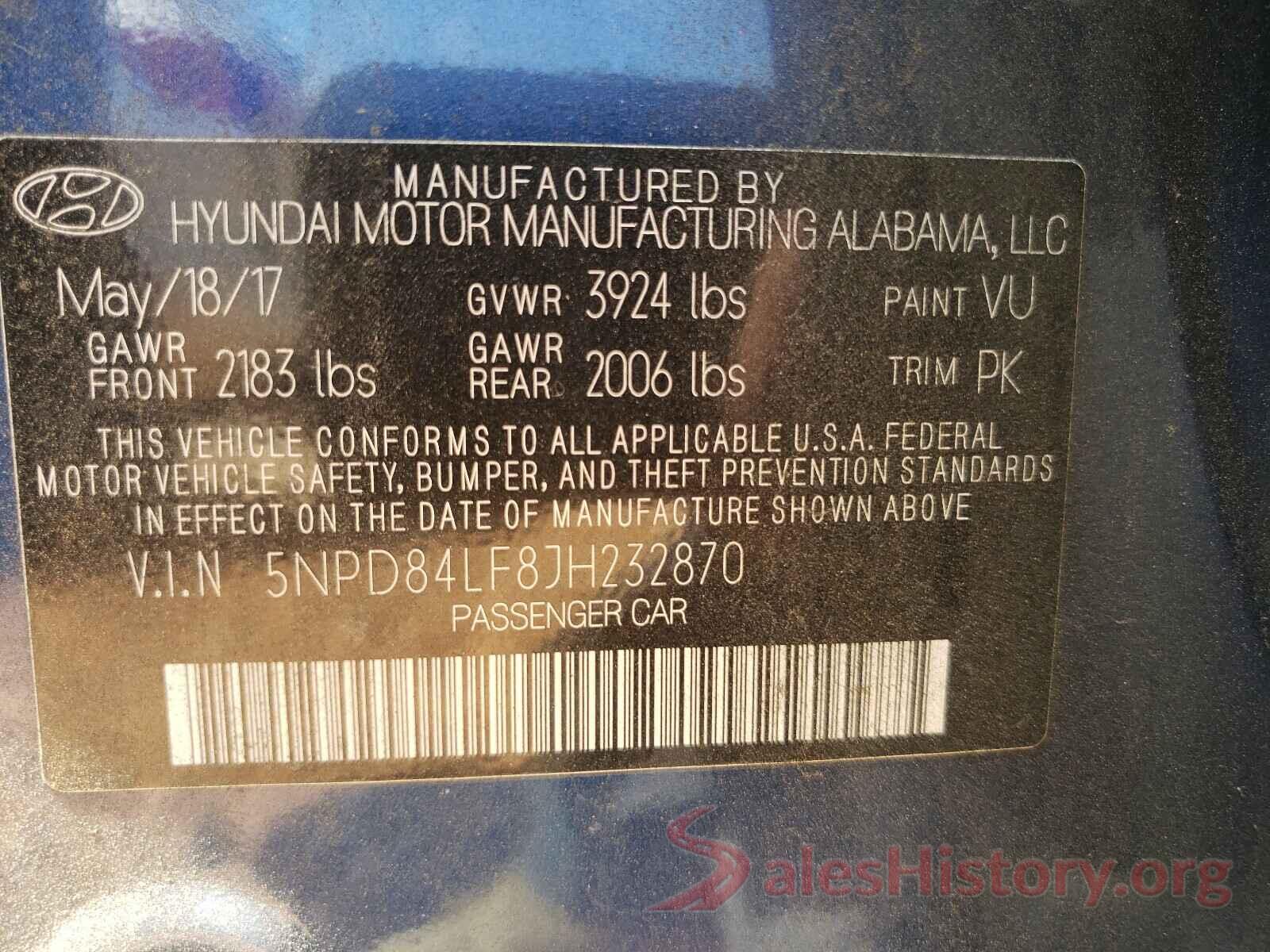 5NPD84LF8JH232870 2018 HYUNDAI ELANTRA