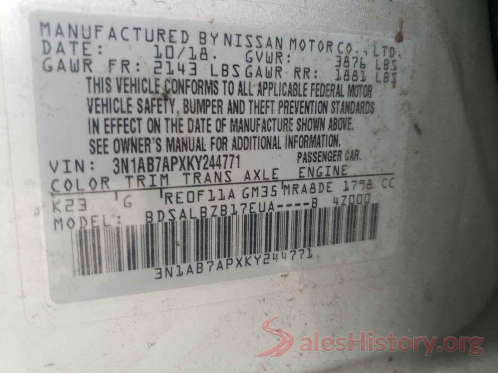 3N1AB7APXKY244771 2019 NISSAN SENTRA