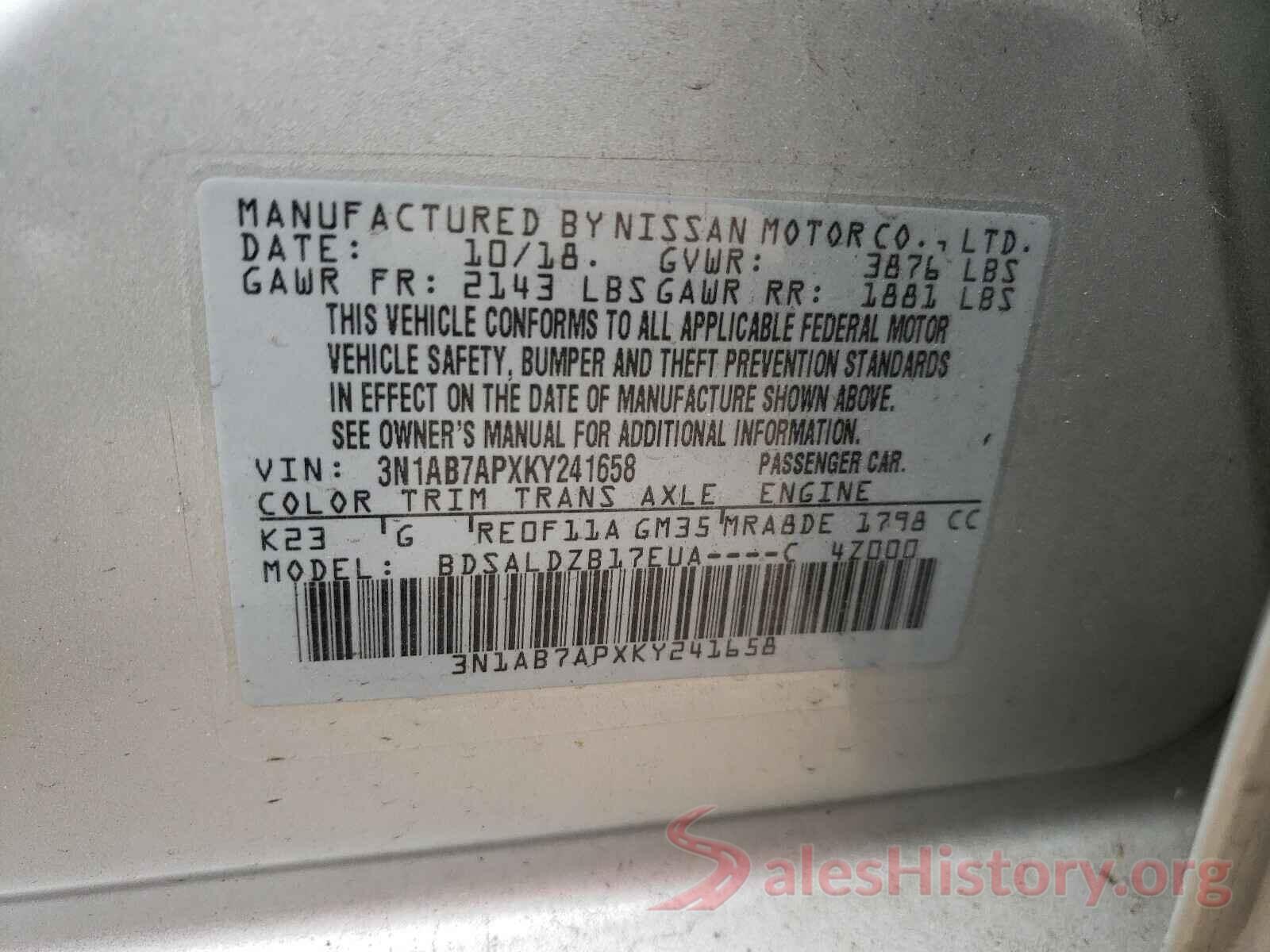 3N1AB7APXKY241658 2019 NISSAN SENTRA