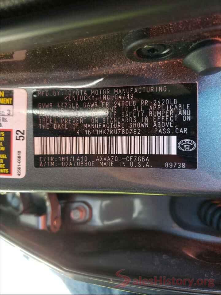 4T1B11HK7KU780782 2019 TOYOTA CAMRY