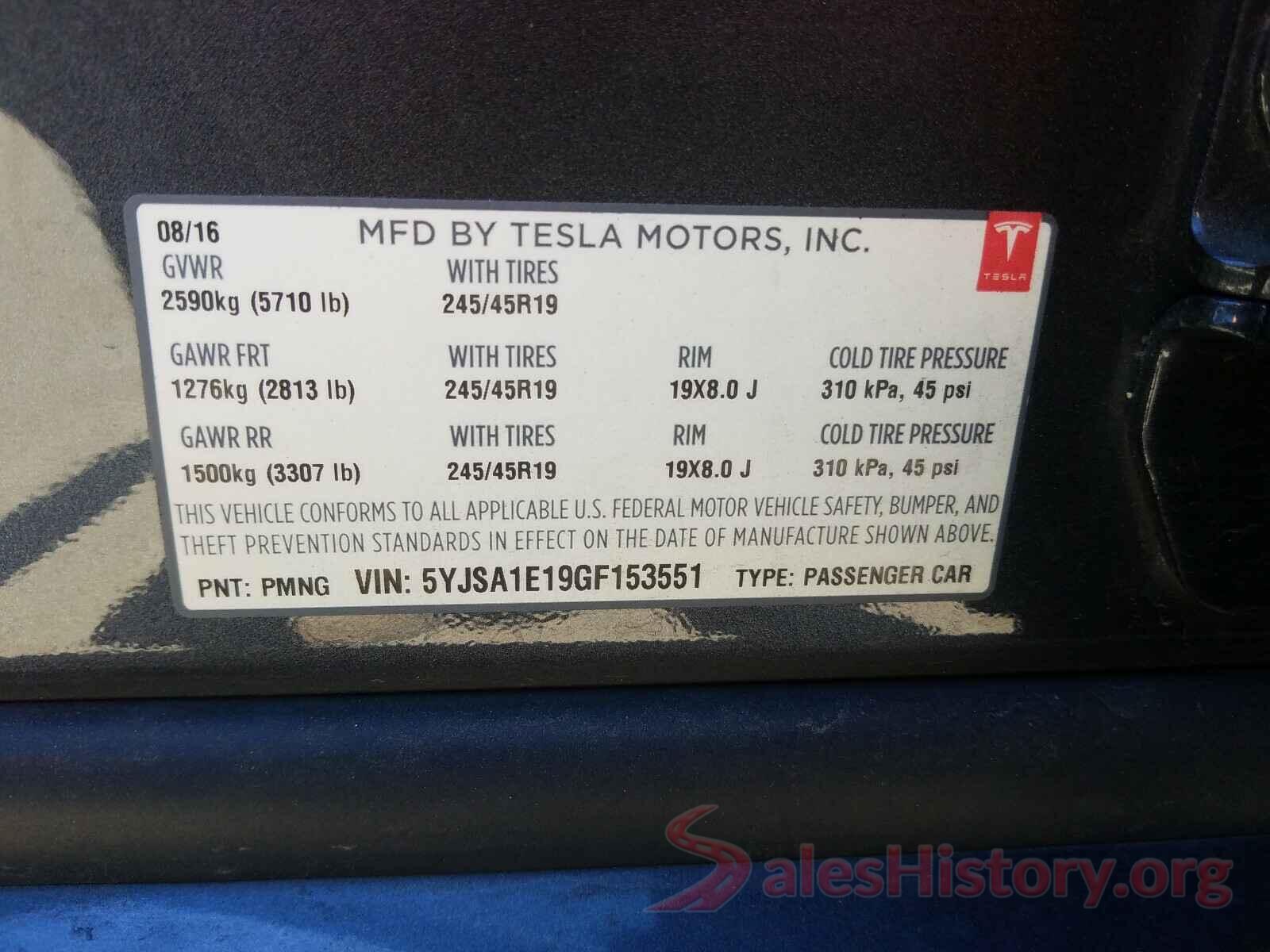 5YJSA1E19GF153551 2016 TESLA MODEL S