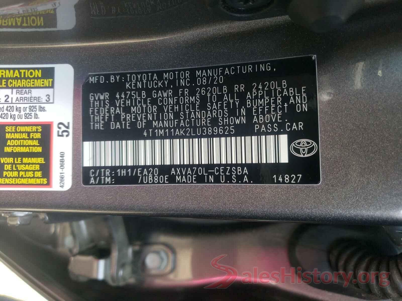 4T1M11AK2LU389625 2020 TOYOTA CAMRY