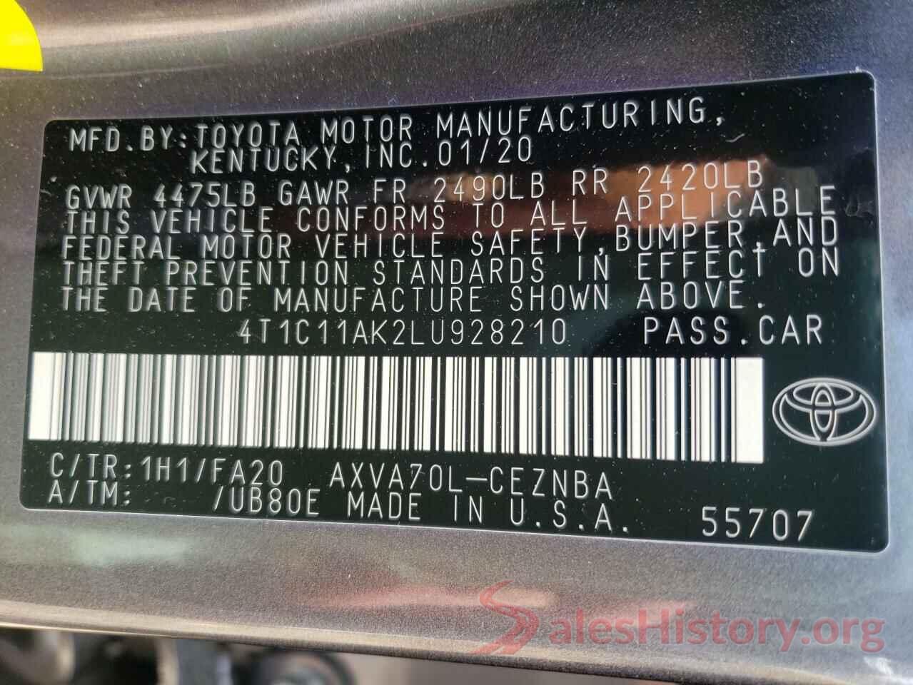 4T1C11AK2LU928210 2020 TOYOTA CAMRY