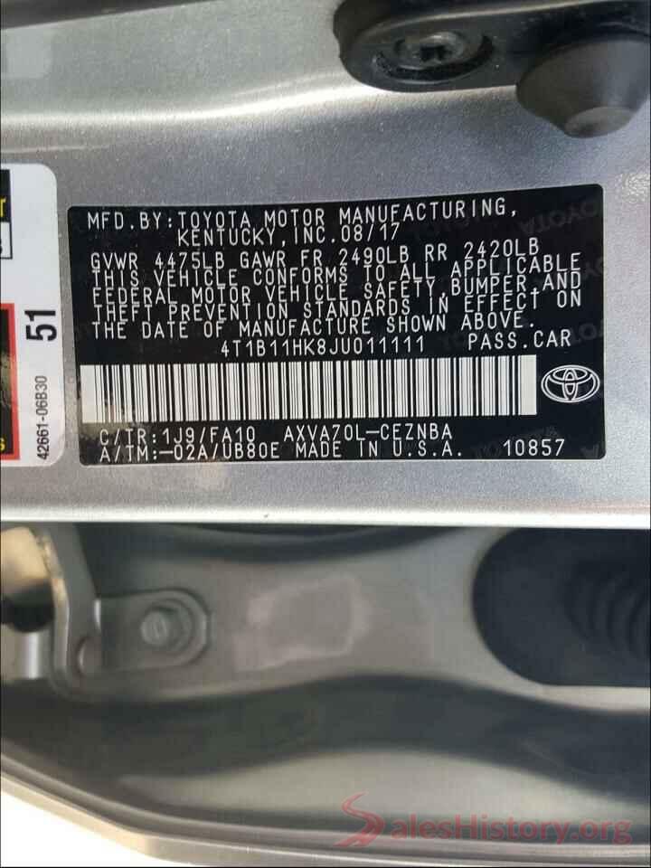 4T1B11HK8JU011111 2018 TOYOTA CAMRY