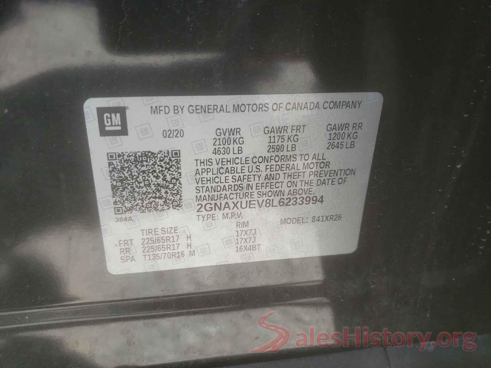 2GNAXUEV8L6233994 2020 CHEVROLET EQUINOX