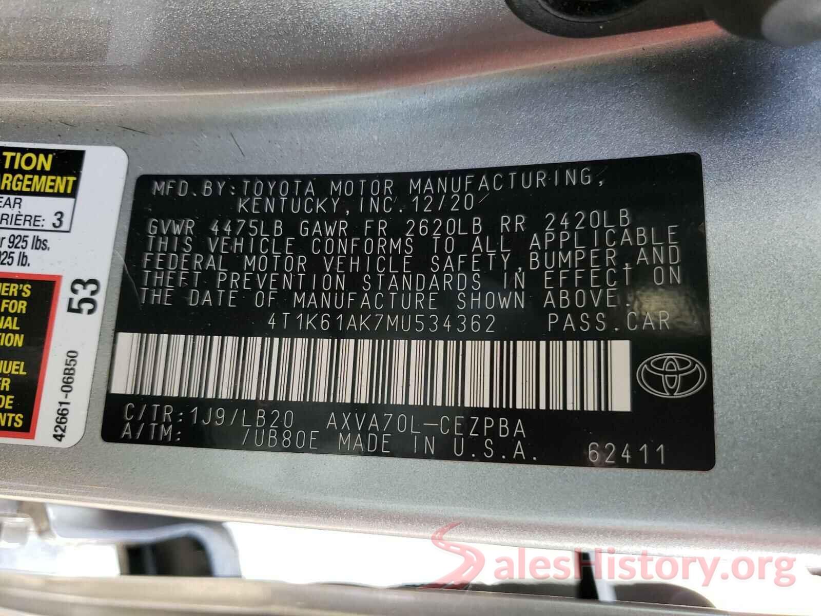 4T1K61AK7MU534362 2021 TOYOTA CAMRY