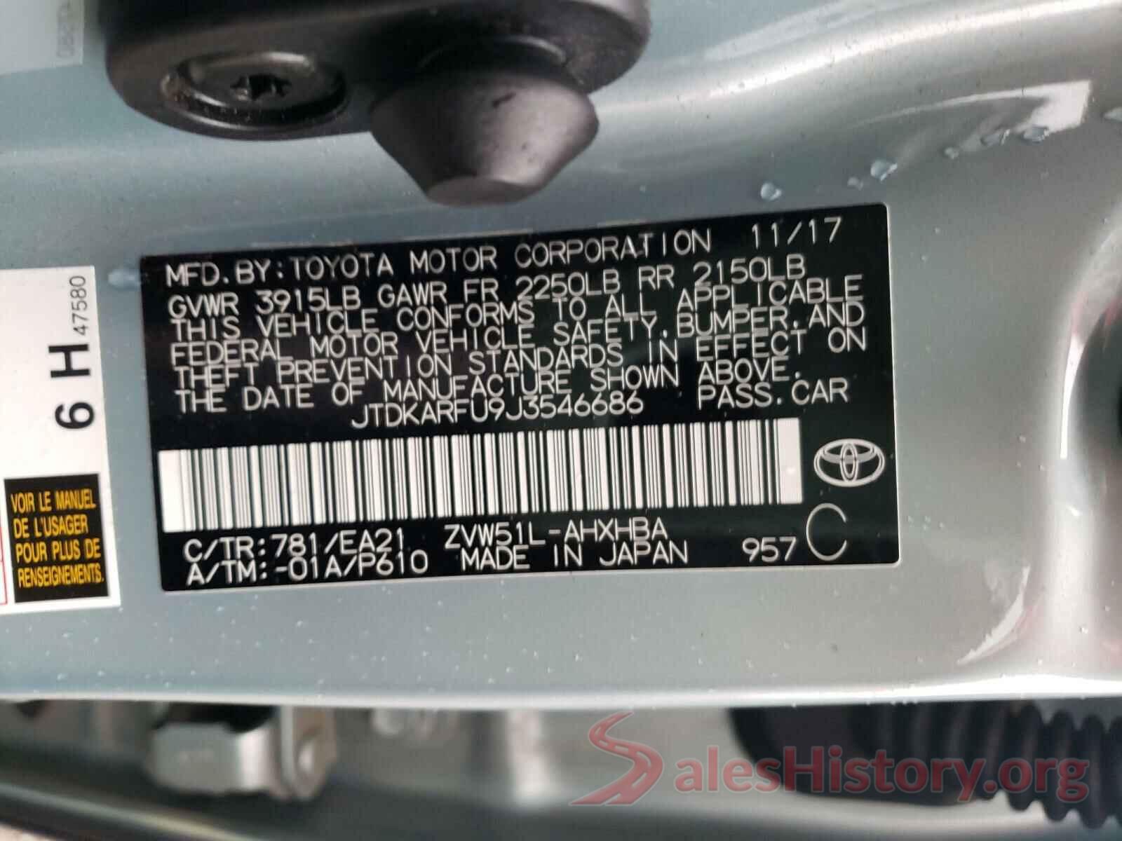 JTDKARFU9J3546686 2018 TOYOTA PRIUS