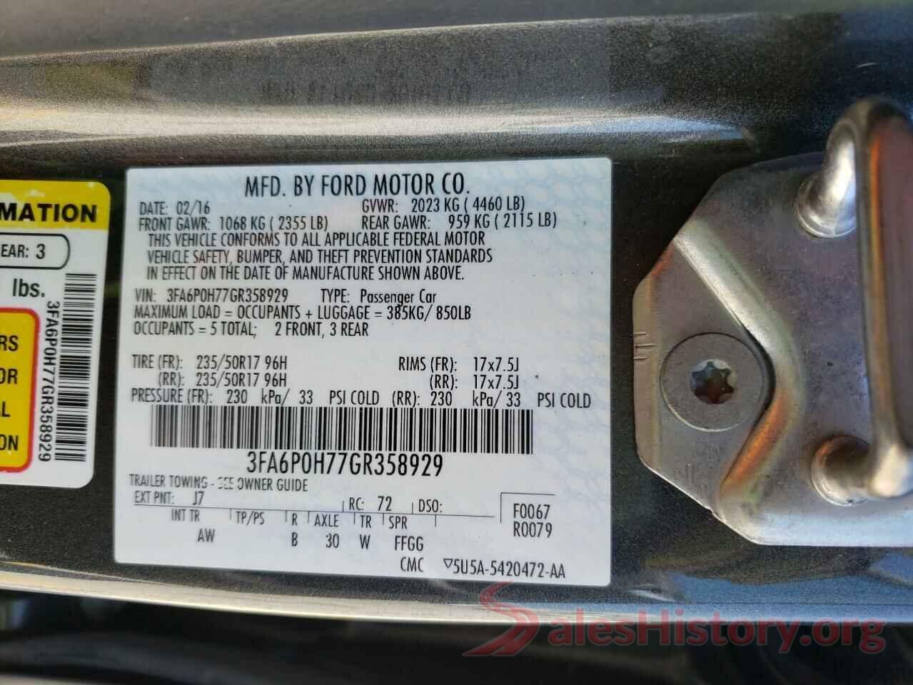 3FA6P0H77GR358929 2016 FORD FUSION