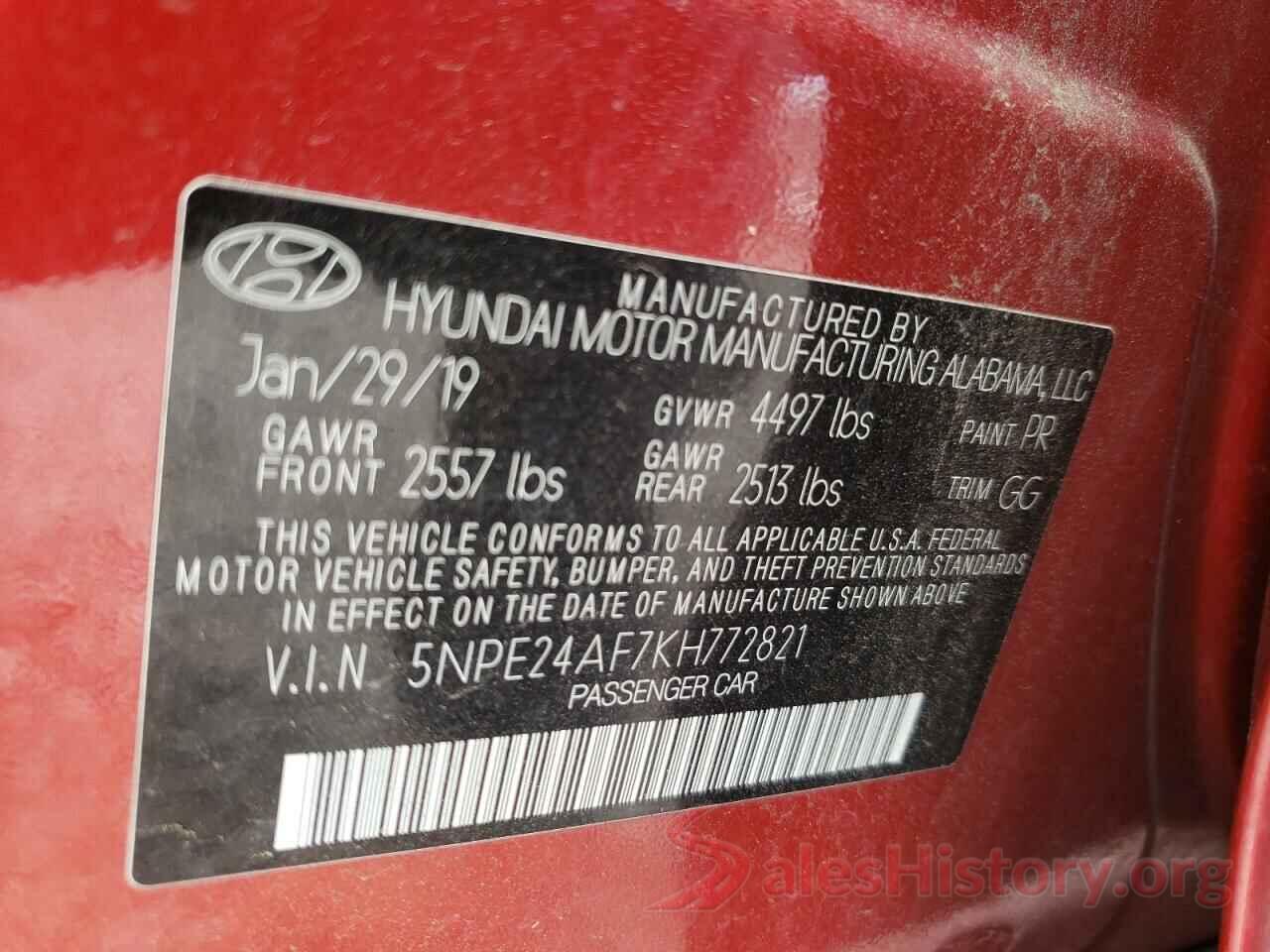 5NPE24AF7KH772821 2019 HYUNDAI SONATA