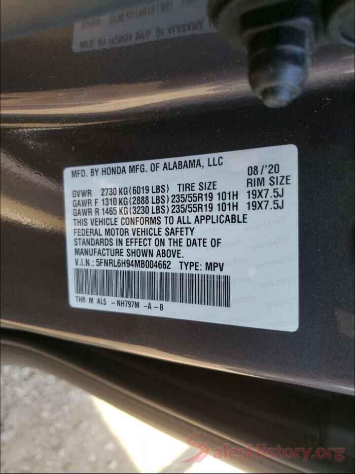 5FNRL6H94MB004662 2021 HONDA ODYSSEY