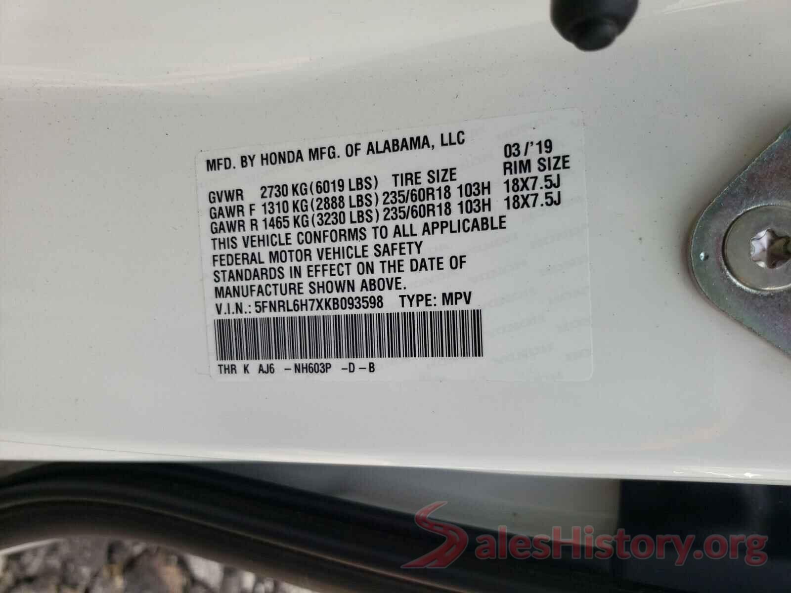 5FNRL6H7XKB093598 2019 HONDA ODYSSEY