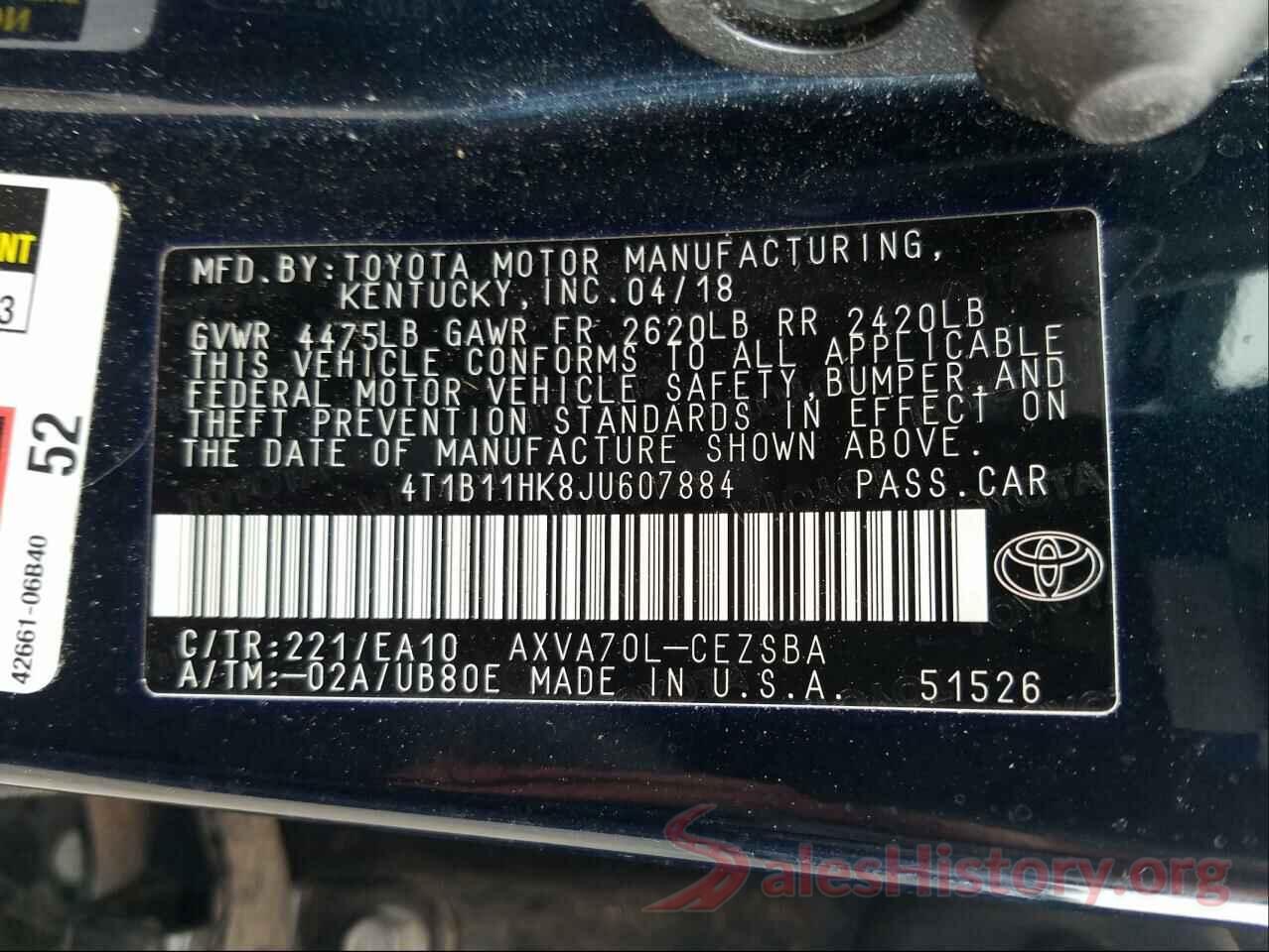 4T1B11HK8JU607884 2018 TOYOTA CAMRY