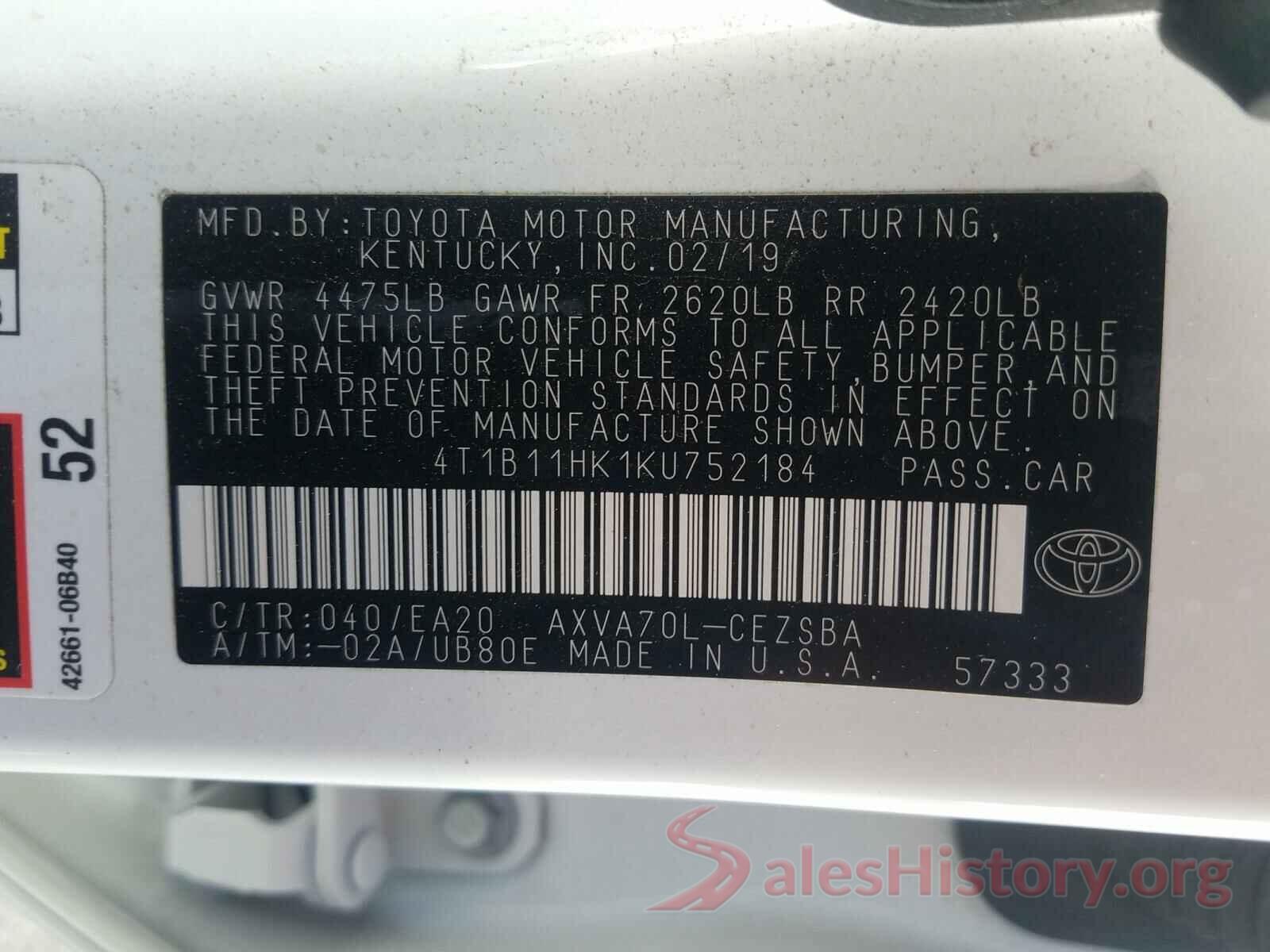 4T1B11HK1KU752184 2019 TOYOTA CAMRY