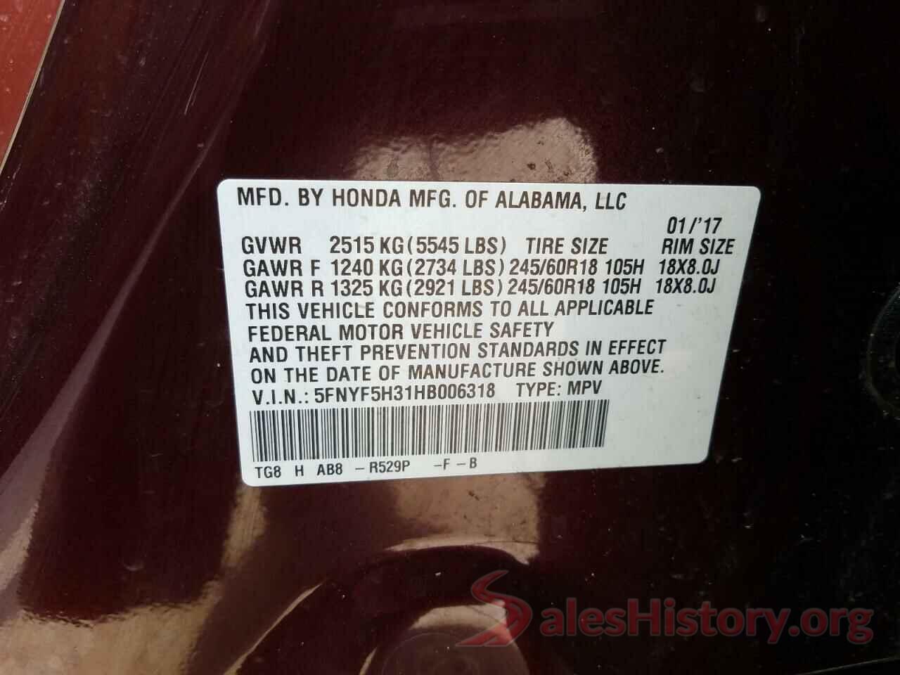 5FNYF5H31HB006318 2017 HONDA PILOT