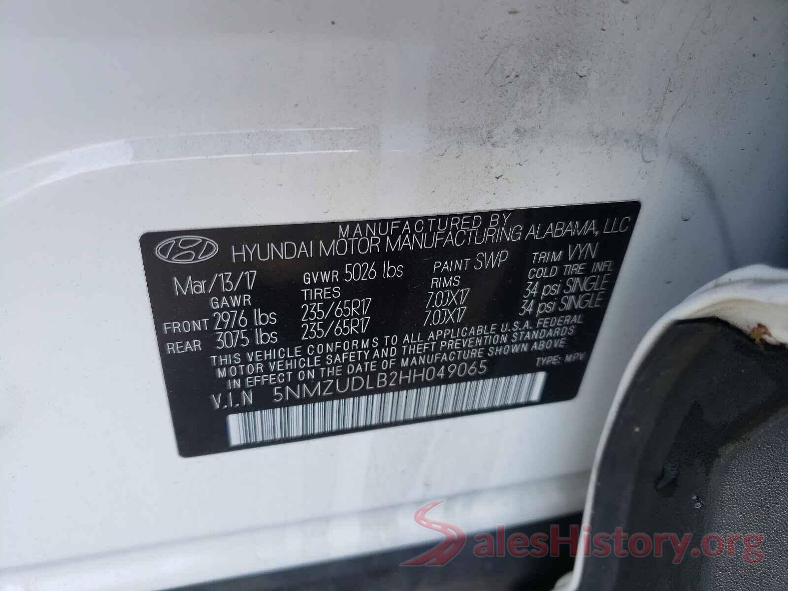 5NMZUDLB2HH049065 2017 HYUNDAI SANTA FE