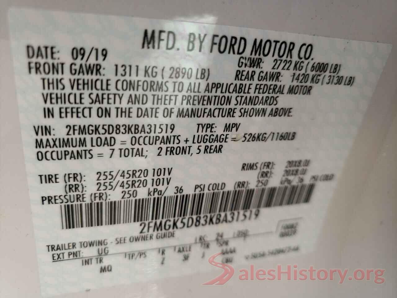 2FMGK5D83KBA31519 2019 FORD FLEX