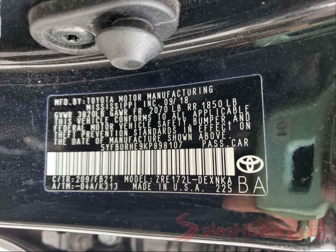 5YFBURHE9KP898107 2019 TOYOTA COROLLA