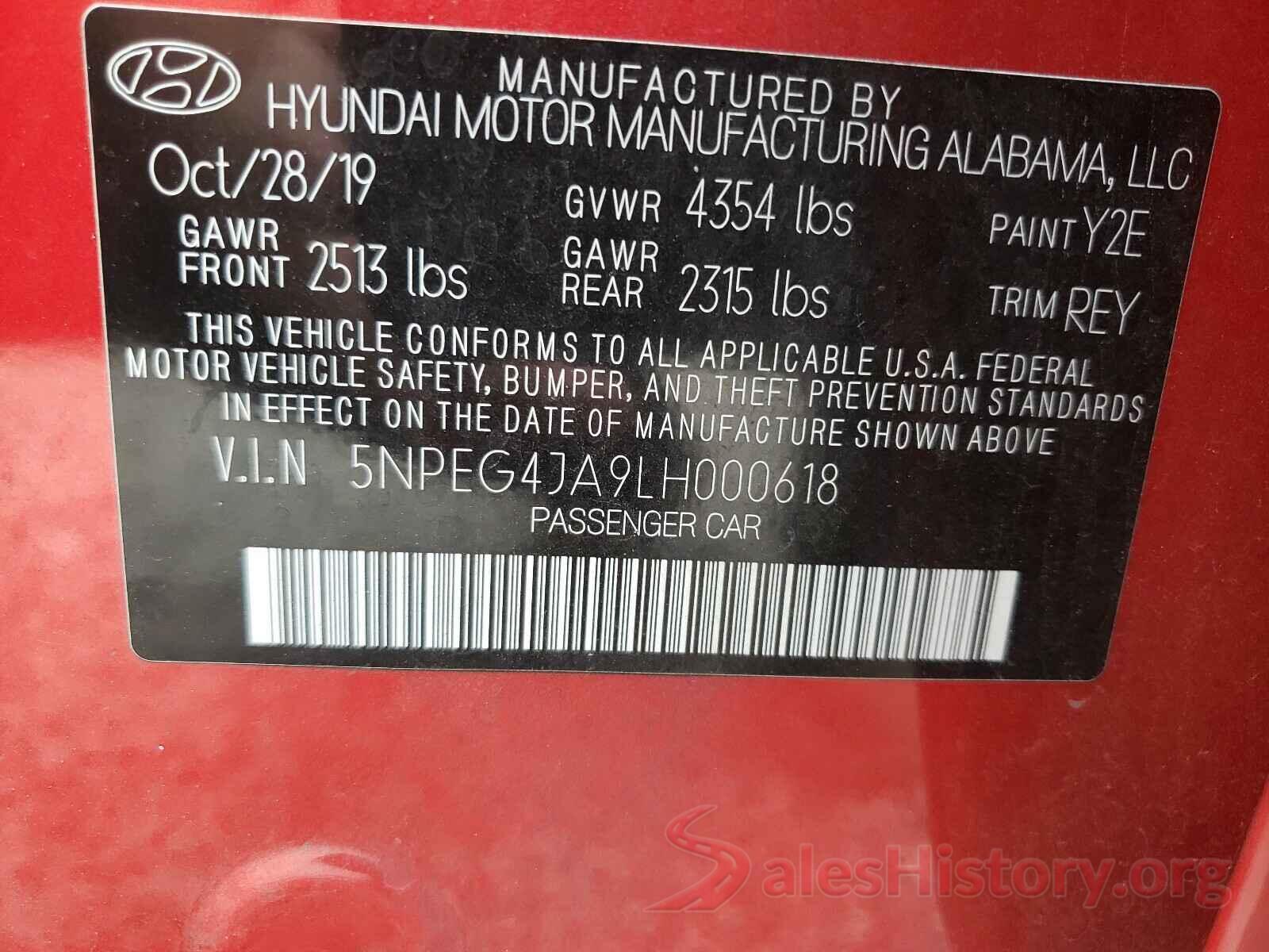 5NPEG4JA9LH000618 2020 HYUNDAI SONATA