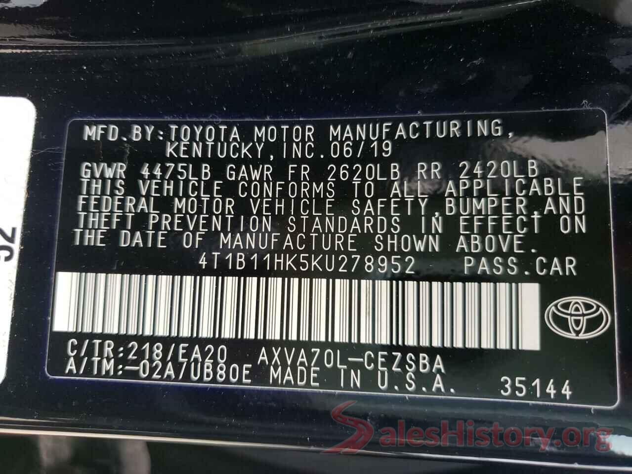 4T1B11HK5KU278952 2019 TOYOTA CAMRY