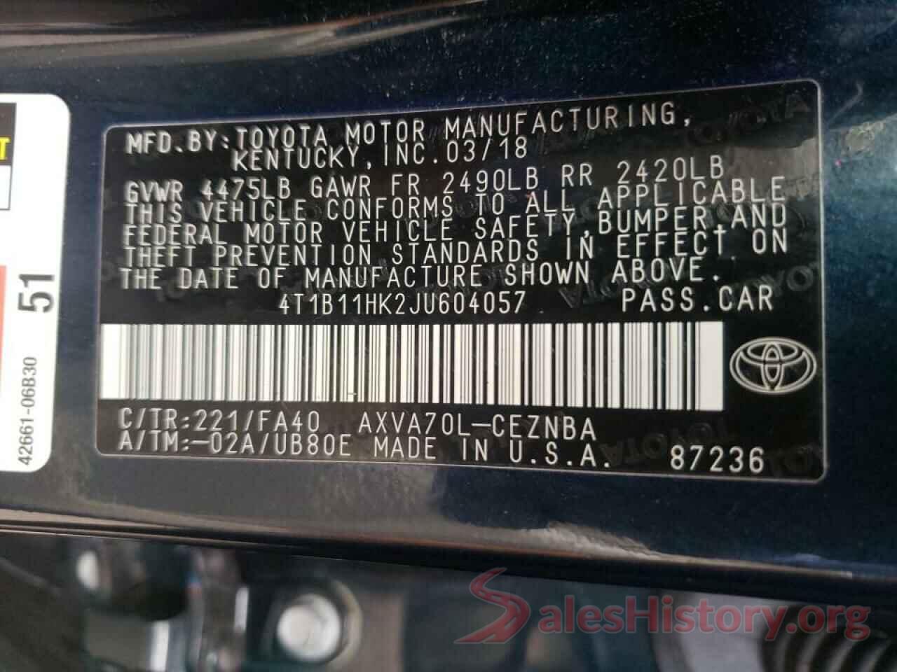 4T1B11HK2JU604057 2018 TOYOTA CAMRY