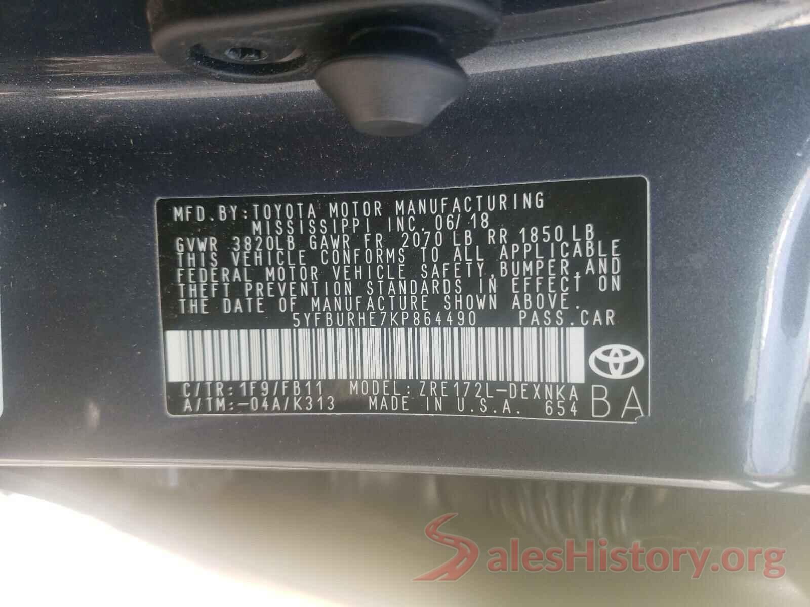 5YFBURHE7KP864490 2019 TOYOTA COROLLA