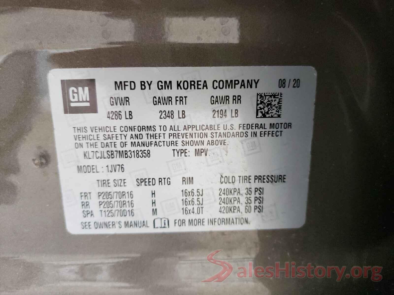 KL7CJLSB7MB318358 2021 CHEVROLET TRAX