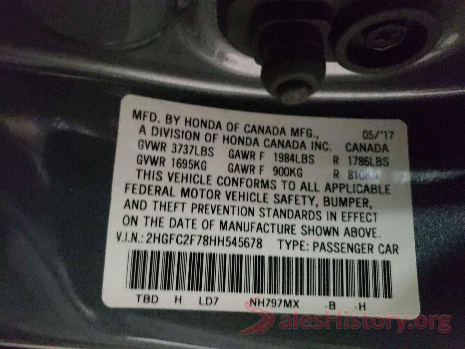 2HGFC2F78HH545678 2017 HONDA CIVIC