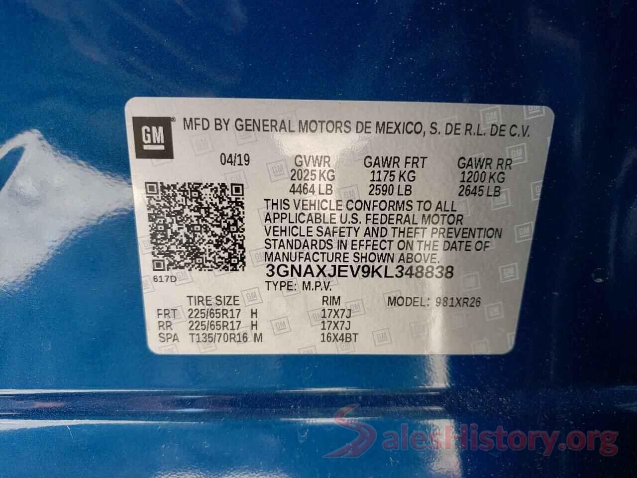 3GNAXJEV9KL348838 2019 CHEVROLET EQUINOX