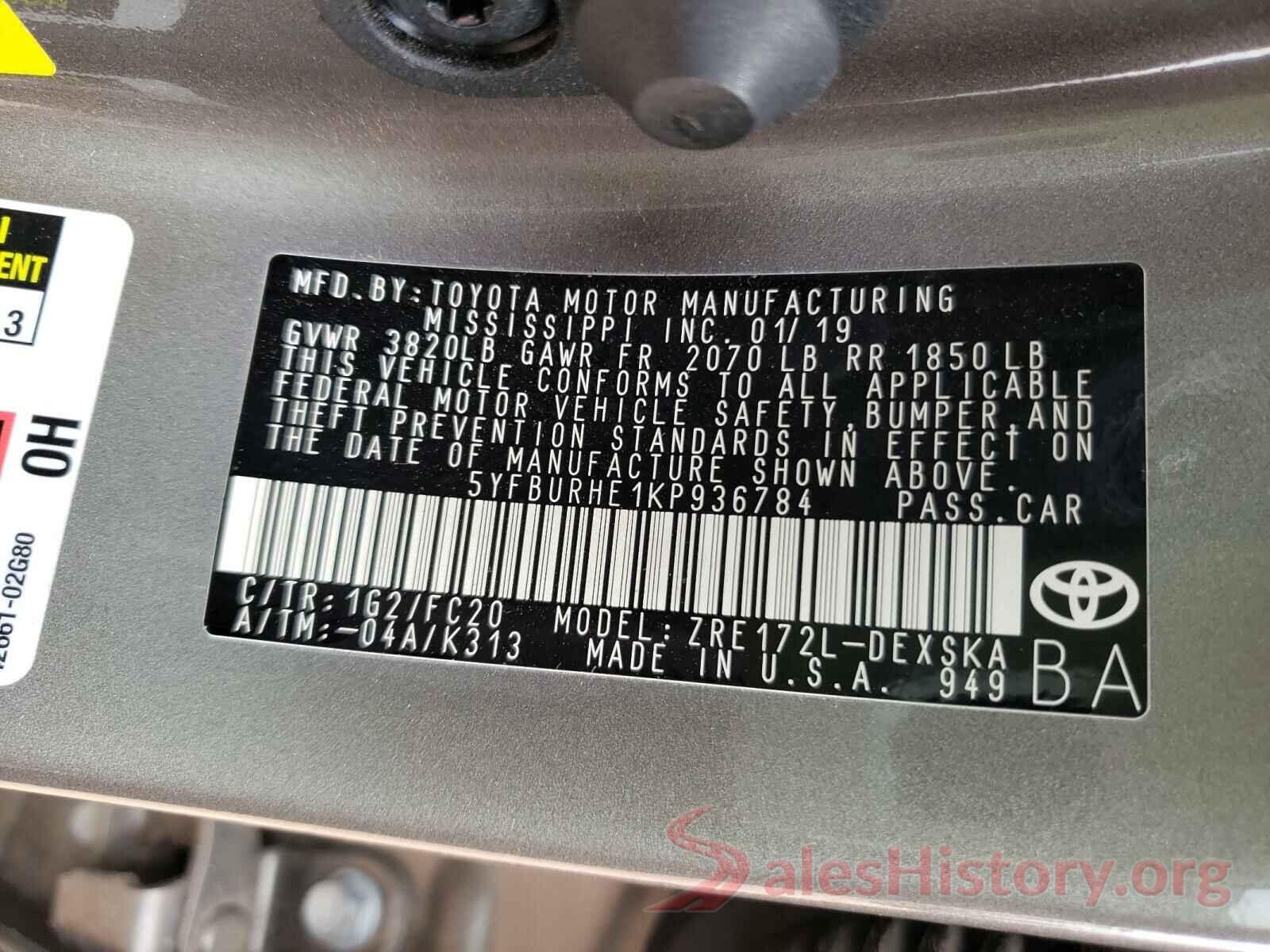 5YFBURHE1KP936784 2019 TOYOTA COROLLA