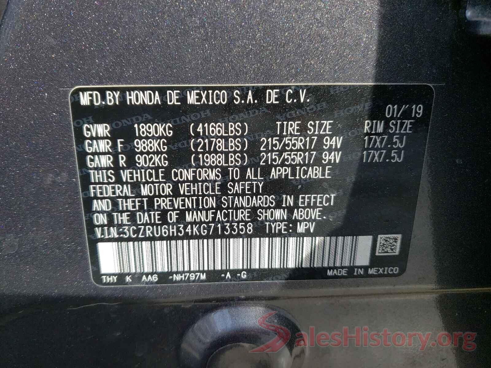 3CZRU6H34KG713358 2019 HONDA HR-V