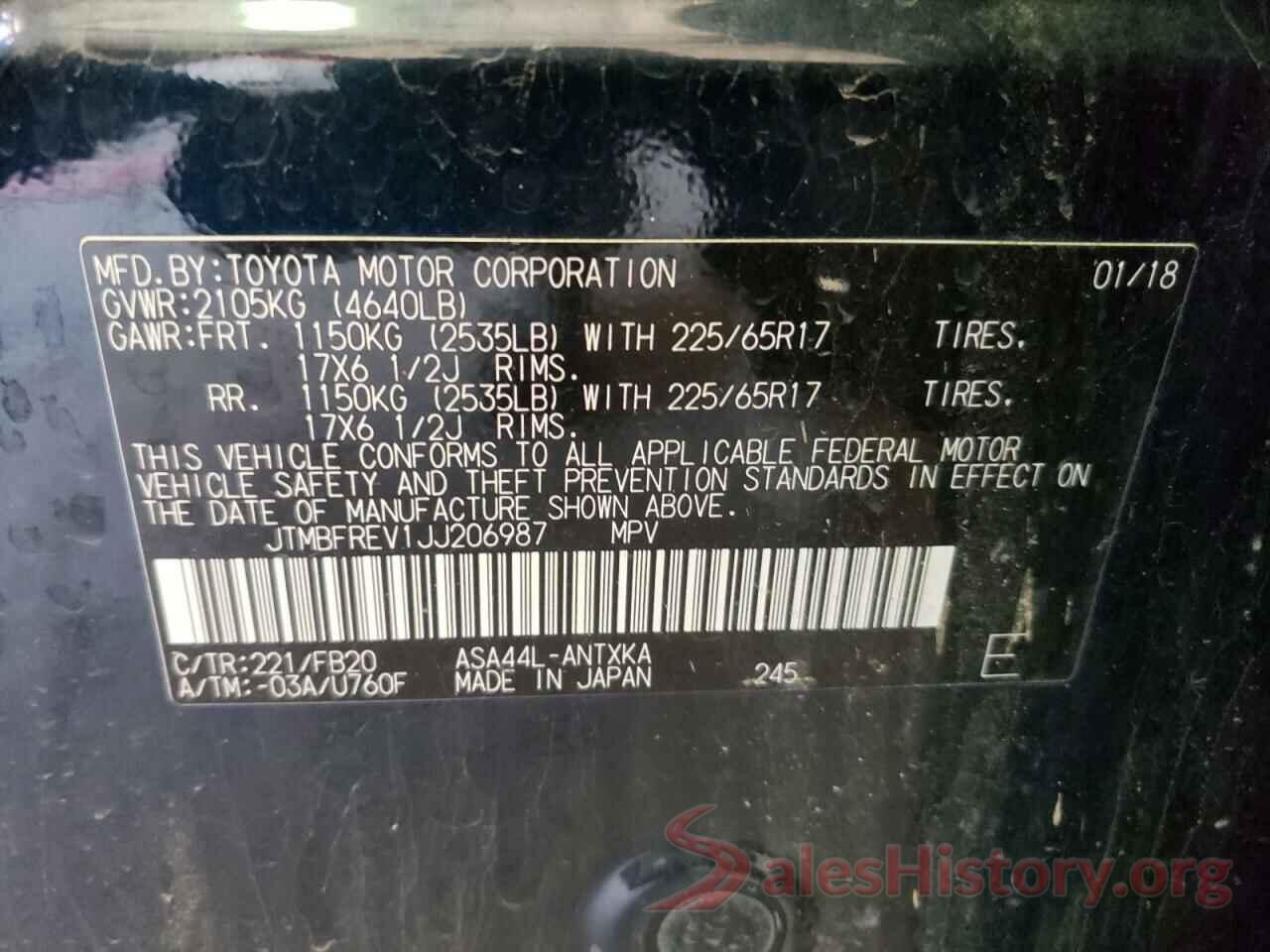 JTMBFREV1JJ206987 2018 TOYOTA RAV4