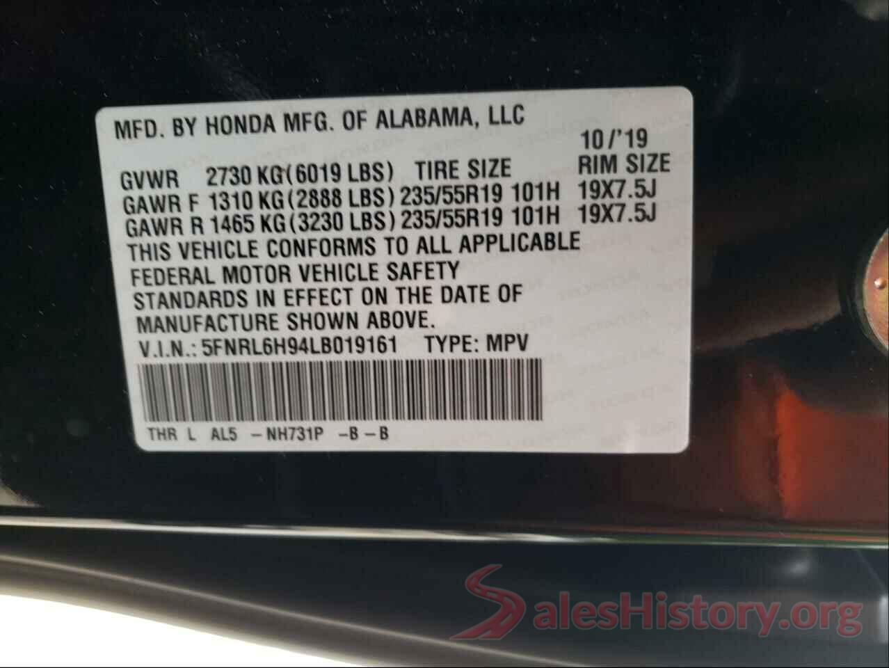 5FNRL6H94LB019161 2020 HONDA ODYSSEY