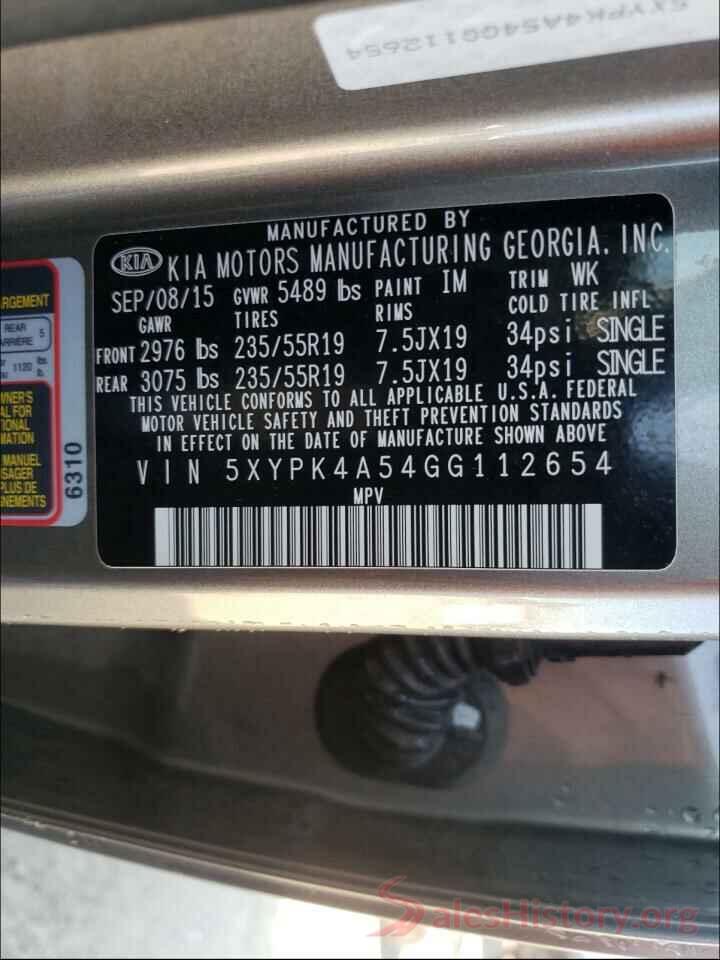 5XYPK4A54GG112654 2016 KIA SORENTO