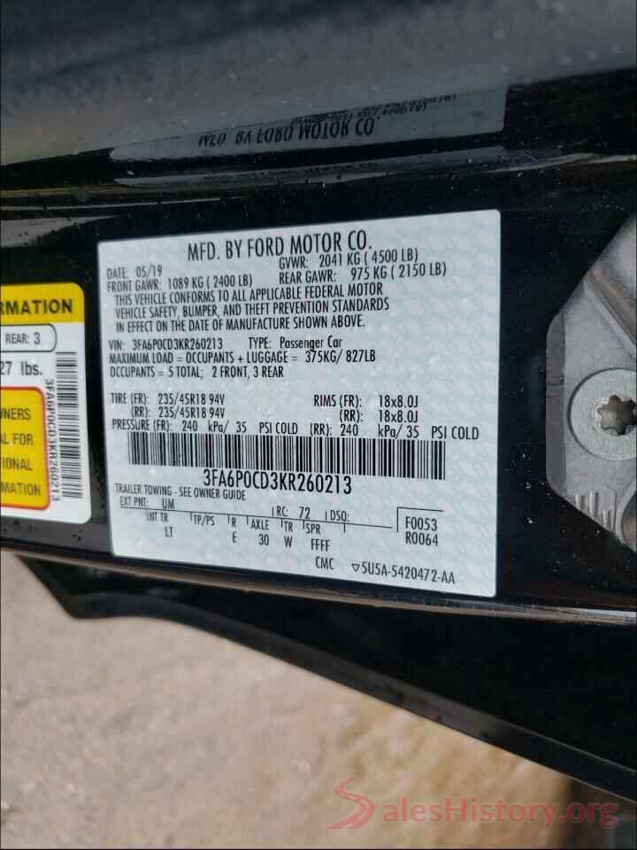 3FA6P0CD3KR260213 2019 FORD FUSION